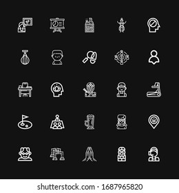 Bearbeitbar 25 Mann-Symbole für Web und Mobile. Gruppe von Menschen inklusive Ikonen Linie Call Center, Nerd, Gebet, Push up, Großvater, Platzhalter, Mädchen, Frappe, Treffen auf schwarzem Hintergrund