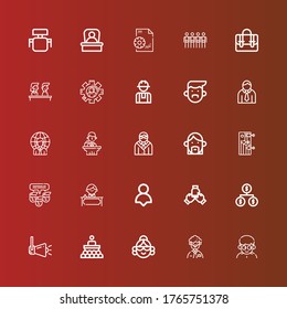 Bearbeitbare 25 Manager Icons für Web und Mobile. Set Manager enthält Symbole der Linie Man, Avatar, Konferenz, Sprecher, Organisation, Teamwork, Benutzer, Receptionist, Team, Schulung auf Rot.