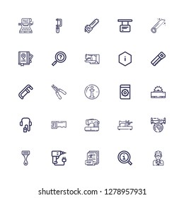 Editable 25 manual icons for web and mobile. Set of manual included icons line Guide, Information, Pdf, Drill, Razor, Saw, Sewing machine, Audio guide, Manual on white background