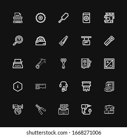 Editable 25 manual icons for web and mobile. Set of manual included icons line Sewing machine, Drill, Typewriter, Plier, Saw, Pdf, Silkscreen, Audio guide on black background