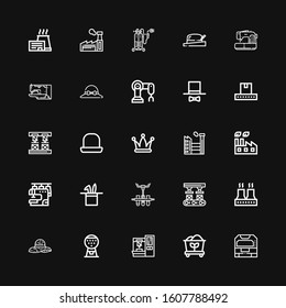 Editable 25 manufacture icons for web and mobile. Set of manufacture included icons line Machine, Coal, Robot arm, Hat, Factory, Conveyor, Sewing machine, Welding on black background