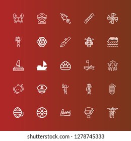 Editable 25 marine icons for web and mobile. Set of marine included icons line Pirates, Pirate, Cargo ship, Propeller, Rope, Captain, Fish, Kraken, Boat, Pearl, Sail boat on red