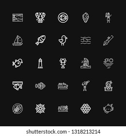 Editable 25 marine icons for web and mobile. Set of marine included icons line Fish, Caviar, Cargo ship, Helm, Pirate, Cruise, Clown fish, Sea, Windsurfing on black background