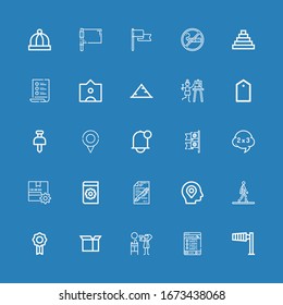 Editable 25 mark icons for web and mobile. Set of mark included icons line Wind sign, Tracking, Hair dryer, Package, Badge, Walking, Location, Test, Manual on blue background