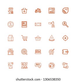 Editable 25 market icons for web and mobile. Set of market included icons line Exchange, Prawn, Buy, Audience, Money, Wallet, Target, Profit, Mall, Watermelon on white background
