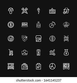 Editable 25 market icons for web and mobile. Set of market included icons line Shelves, Pie chart, Shopping bag, Store, Money, Diagram, Shopping online, Bag on black background