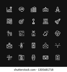 Editable 25 marketing icons for web and mobile. Set of marketing included icons line Report, Mail, Online payment, Domain, Scissors, Vector, Hashtag, Growth on black background