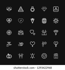 Editable 25 marriage icons for web and mobile. Set of marriage included icons line Wedding invitation, Love, Diamond, Wedding, Wedding rings, Heart, Heartbreak on black background