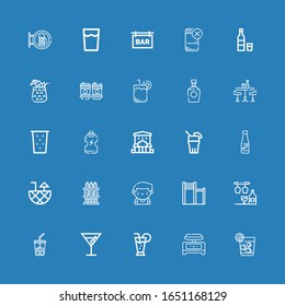 Editable 25 martini icons for web and mobile. Set of martini included icons line Vodka, Shaker, Cocktail, Ice coffee, Bar, Barman, Drinks, Drink, Brandy on blue background