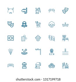 Editable 25 mask icons for web and mobile. Set of mask included icons line Party, Eye mask, Ninja, Well, Safety Underwater, Wrestler, Mustache, Clown on white background