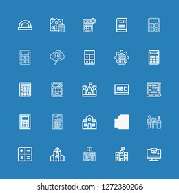 Editable 25 mathematics icons for web and mobile. Set of mathematics included icons line Education, School, Abacus, Calculate, Nanotechnology, Calculator, Blackboard on blue background
