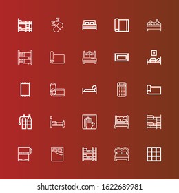 Editable 25 mattress icons for web and mobile. Set of mattress included icons line Blanket, Bed, Bunk bed, Yoga mat, Latex, Oxigen, Mattress, Carpet, Medical bed, Rug, Mat on red