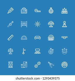 Editable 25 measure icons for web and mobile. Set of measure included icons line Thermometer, Plier, Weight, Voltmeter, Hourglass, Stopwatch, Projection, Balance on blue background