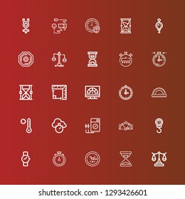 Editable 25 measurement icons for web and mobile. Set of measurement included icons line Scale, Time, Clock, Stopwatch, Wristwatch, Gauge, Voltmeter, Chronometer, Temperature on red