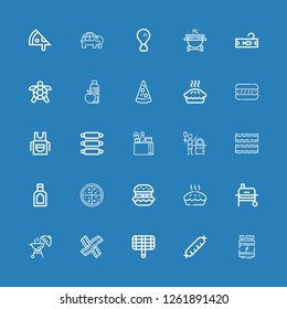 Editable 25 meat icons for web and mobile. Set of meat included icons line Proteins, Sausage, Grill, Bacon, Barbecue, Pie, Hamburguer, Pizza, Food, Ribs, Apron on blue background