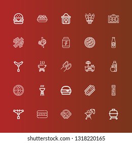 Editable 25 meat icons for web and mobile. Set of meat included icons line Bbq, Barbecue, Dish, Hot dog, Sausage, Snack, Grill, Hamburger, Pizza, Food, Chicken, Ketchup on red