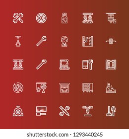 Editable 25 mechanic icons for web and mobile. Set of mechanic included icons line Tools, Robot arm, Configuration, Wheel, Bumper car, Tool box, Garage, Mechanics, Setup on red