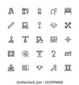 Editable 25 mechanic icons for web and mobile. Set of mechanic included icons line Robot arm, Wrench, Piston, Tool box, Wheel, Brake, Industrial robot, Maintenance on white background