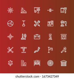 Bearbeitbar 25 Mechanische Icons für Web und Mobile. Satz von Symbolen inklusive der Linie Garage, Rad, Reparatur, Werkzeuge, Motor, Schraubenschlüssel, Industrieroboter, Ratchet, Roboterarm auf Rot