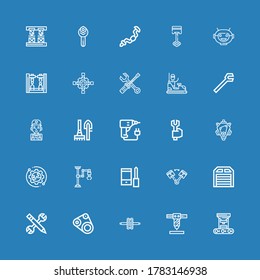 Editable 25 iconos mecánicos para web y móvil. Conjunto de mecánicos incluidos íconos línea brazo Robot, rueda, cinturón de tiempo, configuración, garaje, pistón, robot industrial sobre fondo azul