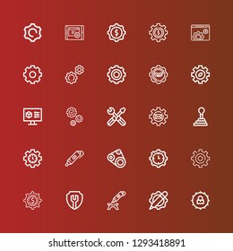 Editable 25 mechanism icons for web and mobile. Set of mechanism included icons line Settings, d printing pen, Setting, Timing belt, Gearshift, Gear, Cogwheel on red