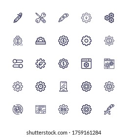 Editable 25 mechanism icons for web and mobile. Set of mechanism included icons line d printing pen, Settings, Setup, Cogwheel, Gear on white background