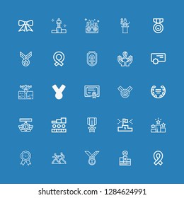 Editable 25 medal icons for web and mobile. Set of medal included icons line Ribbon, Podium, Medals, Marathon, Win, Medal, Laurel, Merit, Fitness, Reward, Badge on blue background