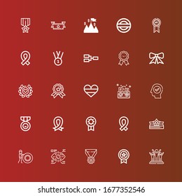 Editable 25 medal icons for web and mobile. Set of medal included icons line Success, Medal, Eye tap, Fitness, Award, Ribbon, Prize, Competition, Germany, Laurel, Medals on red