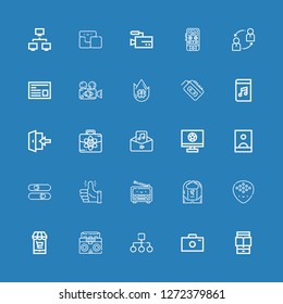 Editable 25 media icons for web and mobile. Set of media included icons line Ereader, Photo camera, Structure, Radio, Market, Plectrum, Brainstorm, Thumbs up on blue background