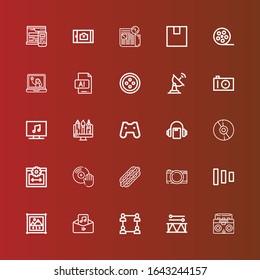 Editable 25 media icons for web and mobile. Set of media included icons line Radio, Drum, Network, Audio, Image gallery, Fade buttons, Camera, Hot dog, Vinyl, Web size on red