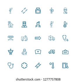 Editable 25 medic icons for web and mobile. Set of medic included icons line Exit, Temperature, Stretcher, Clinic, Stethoscope, Ambulance, Nurse, Doctor, Caduceus on white background