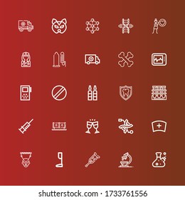 Editable 25 medical icons for web and mobile. Set of medical included icons line Flask, Microscope, Crutch, Prothesis, Skull, Nurse, Dna, Glasses, Tube, Syringe, Tooth on red