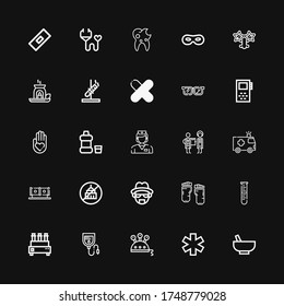 Editable 25 medical icons for web and mobile. Set of medical included icons line Mortar, Medicine, Science, Blood bag, Test tube, Lab, Barefoot, Heisenberg on black background