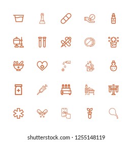 Editable 25 medication icons for web and mobile. Set of medication included icons line Enema, Test tube, Pharmacy, Pill, Medicine, Test tubes, Veterinarian on white background