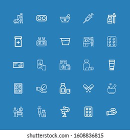 Editable 25 medication icons for web and mobile. Set of medication included icons line Medicine, Drug, Pharmacy, Vaccine, Veterinarian, Mortar, Pill, Syrup on blue background