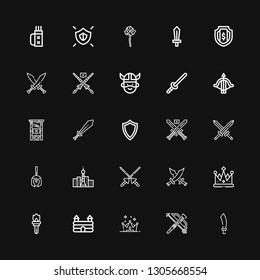 Editable 25 medieval icons for web and mobile. Set of medieval included icons line Sabre, Crossbow, Crown, Castle, Torch, Swords, Spears, Tower, Roman helmet on black background