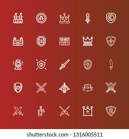Editable 25 medieval icons for web and mobile. Set of medieval included icons line Shield, Crown, Spears, Mythology, Swords, Crossbow, Arsenal, Sabre, Sword, Queen, Castle on red