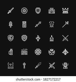 Editable 25 medieval icons for web and mobile. Set of medieval included icons line Queen, Sword, Scepter, Viking, Crossbow, Crown, Pagan, Pula arena, Quiver on black background