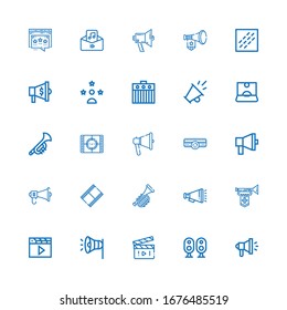 Editable 25 megaphone icons for web and mobile. Set of megaphone included icons line Megaphone, Loudspeaker, Movie, Clapper, Trumpet, Movie film, Amplifier on white background
