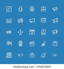 Editable 25 megaphone icons for web and mobile. Set of megaphone included icons line Horn, Promotion, Audio, Megaphone, Philharmonic, Amplifier, Trumpet, Movie on blue background