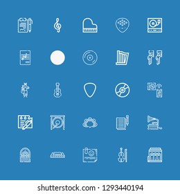 Editable 25 melody icons for web and mobile. Set of melody included icons line Philharmonic, Violin, Note, Harmonica, Jukebox, Gramophone, Notes, Tambourine on blue background