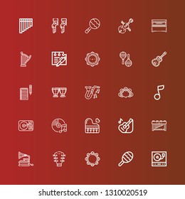 Editable 25 melody icons for web and mobile. Set of melody included icons line Turntable, Maraca, Tambourine, Guitar, Gramophone, Marimba, Piano, Music, Musical note, Jazz on red