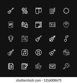 Editable 25 melody icons for web and mobile. Set of melody included icons line Maraca, DJ, Music, Notes, Guitar, Musical note, Violin, Note, Plectrum, Turntable on black background