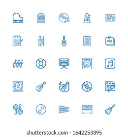 Editable 25 melody icons for web and mobile. Set of melody included icons line Guitar, Piano, Xylophone, Quaver, Maracas, Note, Vinyl, Music, Gong, DJ, Parade on white background