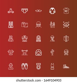 Editable 25 men icons for web and mobile. Set of men included icons line Sandals, Clothes, Toilet, Man, Woman, Staff, Weightlifting, Shirt, Videocall, Beard, Clothing, Venus on red