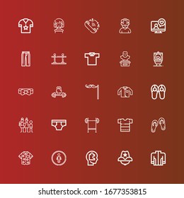 Editable 25 men icons for web and mobile. Set of men included icons line Jacket, Cowboy hat, Head, Restroom, Shirt, Sandals, Bench press, Underwear, Family, Clothing, Mustache on red