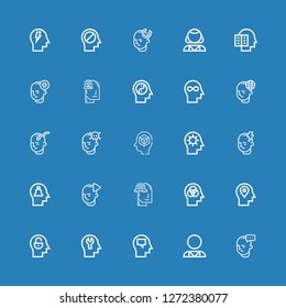Editable 25 mental icons for web and mobile. Set of mental included icons line Mind, Psychologist, Imagination, Anxiety, Intellectual on blue background