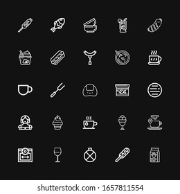 Editable 25 menu icons for web and mobile. Set of menu included icons line Food, Hot dog, Canteen, Wine glass, Web size, Coffee cup, Ice cream, Cup, Waitress on black background