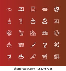 Editable 25 menu icons for web and mobile. Set of menu included icons line Bbq, Coffee shop, Scoop, Salad, Smoothie, Bacon, Coffee maker, Knife, Coffee cup, Bar, Peking duck on red