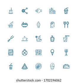 Editable 25 menu icons for web and mobile. Set of menu included icons line Taco, Ice cream, Fish, Pizza, Ice coffee, Cup, Coffee shop, Canteen, Coffee, Noodles on white background